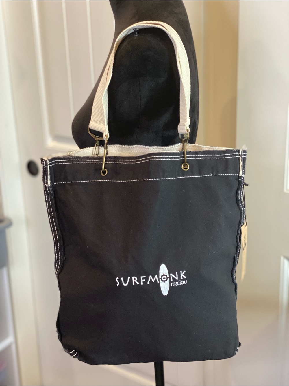 New! Black Canvas Tote with Cream Handles